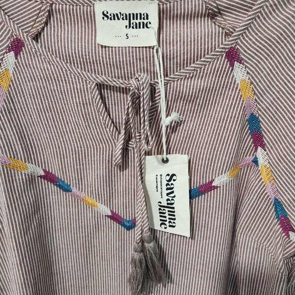 Savanna Jane NEW Long Sleeve Brown/Tan Striped Peasant Top with embroidery-Small - Picture 3 of 9